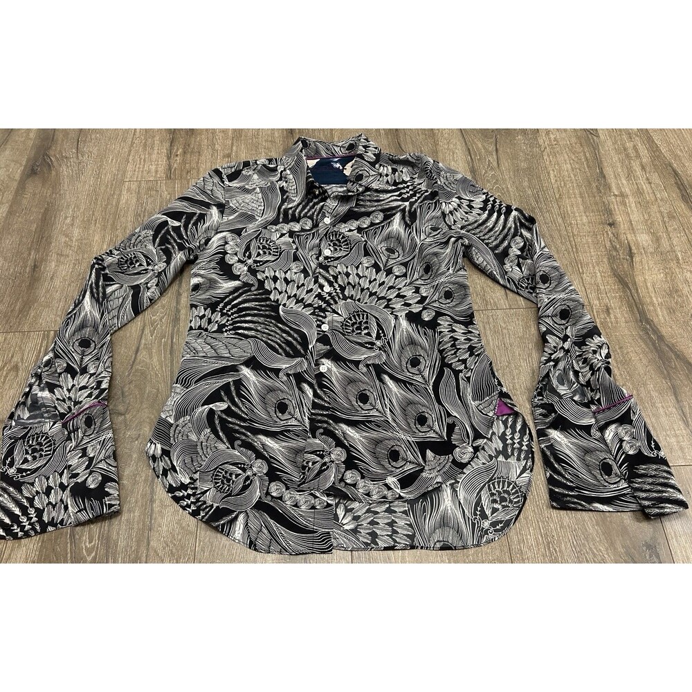 Robert Graham Cora Samson & Delilah Womens Small Silk Black White Peacock
